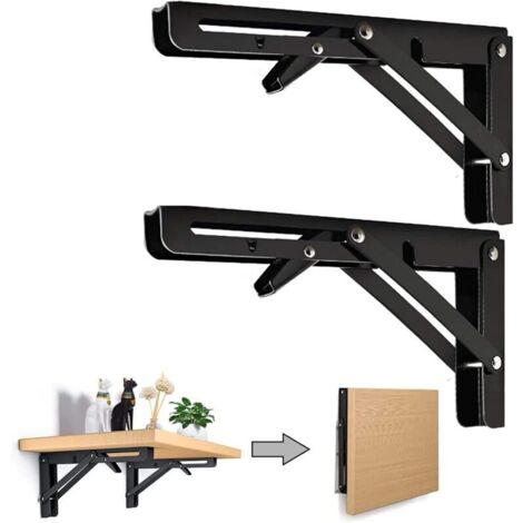 2PCS 10 Inch Noir Équerre Pliante 250mm Support d' Étagères Pliants Mural en Acier Laminé à Froid Equerre pour Etagere Murale, Métal Étagères Pliable Support en Forme de L Charge Maximale 80kg (1/5)