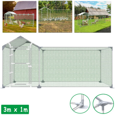 HENGMEI Enclos extérieur Poulailler 3x1x1,4m Enclos libre Poulailler Volière Poules Enclos Poulailler Volaille Cadre en acier galvanisé avec PE