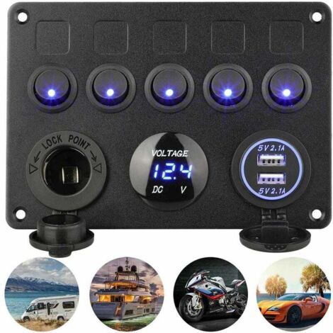 Union – Panneau de commutateur à bascule 5 gang étanche IP65 – 12V/24V – 5 interrupteurs avec ports USB 2.1A – Pour bateau, voiture, camping-car