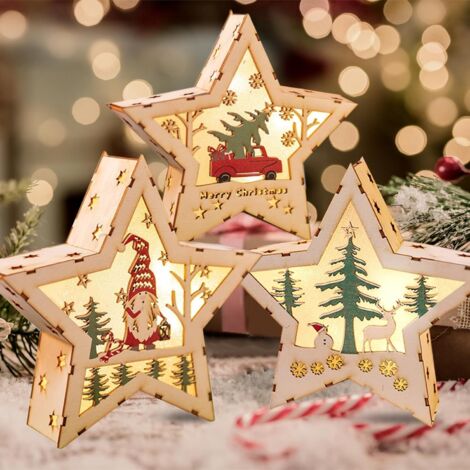 Fenêtre Décorative de Noël, 3 PCS Étoile lumineuse de Noël, Décoration de Noël Illuminé en Bois LED,Ornement en Bois Suspendu pour Arbre Noël,Fournitures Fête à la Maison Bricolage pour Noël (1/5)