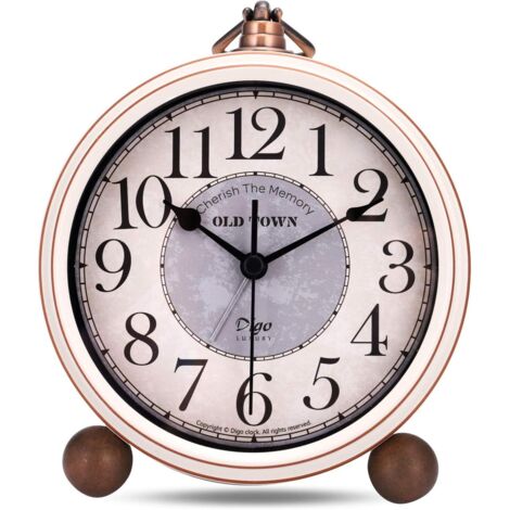 Reveil Vintage sans Tic-tac, Métal Beige Reveil Classique Rétro, Elégant Déco Silencieuse Horloge de Table Chevet Chambre Bureau 13.5cm (1/5)