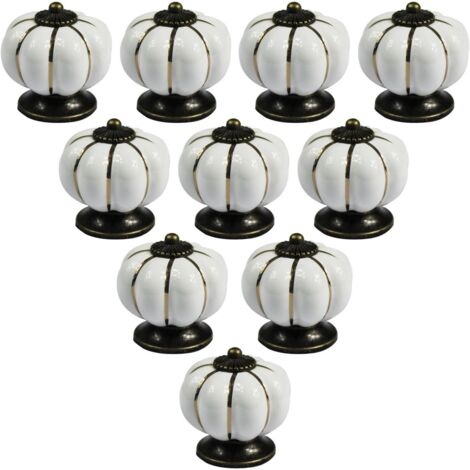Lot de 10 boutons de meuble en céramique de style européen vintage et en forme de citrouille pour commode, armoires et tiroirs, Blanc (1/5)