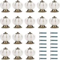 White and Gold Ceramic Furniture Knob with Pumpkin Shape Screw (Set of 16) - 3.6 x 3.9 cm - Round Vintage Furniture Knob - For Home, Office, Kitchen Cabinet, Drawers and Cupboard
