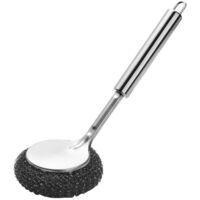 Brosse à casseroles à long manche amélioré avec boule en fil d'acier et 1 têtes de rechange, brosse de nettoyage en acier inoxydable pour casseroles, poêles, éviers et poêles de cuisson