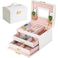 Boite a Bijoux, Rangement Bijoux Boite a Bijoux Femme, Boîte à Bijoux en Cuir PU avec 2 tiroirs, Coffre à bijoux verrouillable avec miroir, Boîte de voyage portable, Doublure en velours