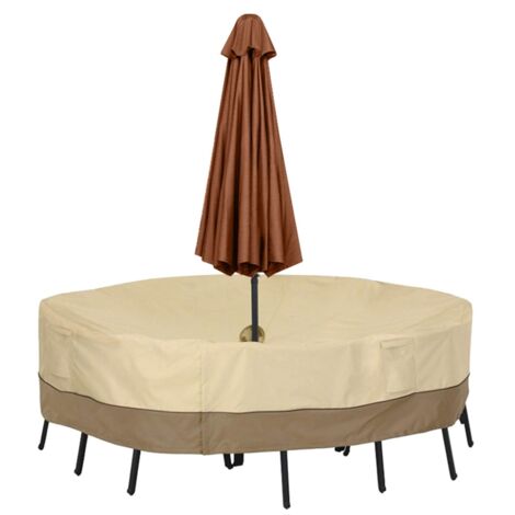 Housse anti-poussière imperméable pour meubles ronds d'extérieur avec trous pour parasol (180 x 60 cm) (1/5)