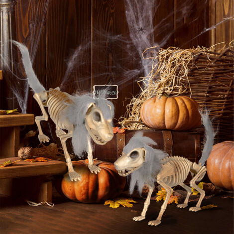 Squelette de chien en plastique avec fourrure, squelette de chien debout réaliste, crâne et os d'animal, accessoire effrayant pour maison hantée, cimetière et décoration de Noël (1/5)