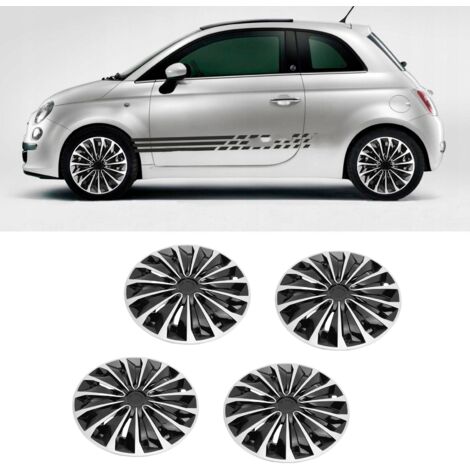Lot de 4 enjoliveurs de roue 14 pouces à clipser, design élégant et universel pour pneus R14, argent et noir.