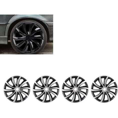 Lot de 4 enjoliveurs de jante 15 pouces, design élégant et léger, à clipser, pour Fiat 500, argent et noir. (1/5)