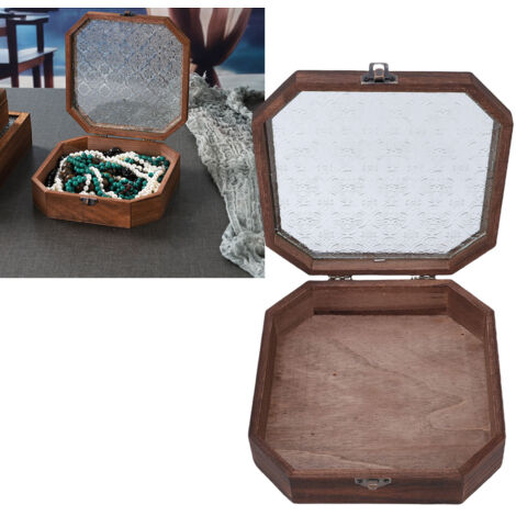 Boîte de rangement en bois avec couvercle et panneau en verre, style octogonal vintage, idéale pour les bijoux et les souvenirs. (1/5)