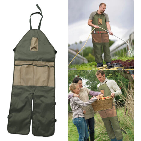 Tablier de jardinage en tissu Oxford 600D imperméable, long et ajustable, avec protection des jambes et multiples poches pour la cueillette et la taille, idéal pour les travaux extérieurs. Vert avec p (1/5)