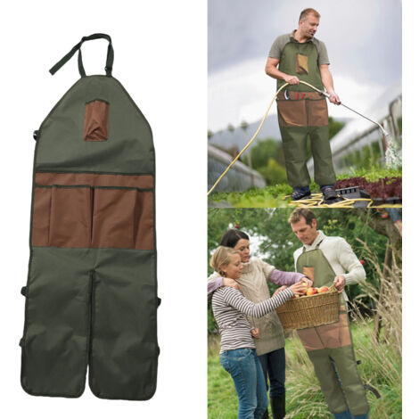 Tablier de jardinage en tissu Oxford 600D imperméable, long et ajustable, avec protection des jambes et multiples poches pour la cueillette, la taille et les travaux extérieurs. Vert avec poches marro (1/5)