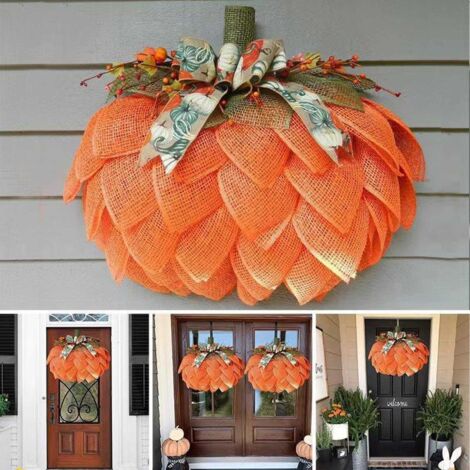 Couronne de citrouilles champêtre pour porte d'entrée, 40 cm, avec nœuds, baies et guirlande de citrouilles en toile de jute pour décoration murale automnale. (1/4)