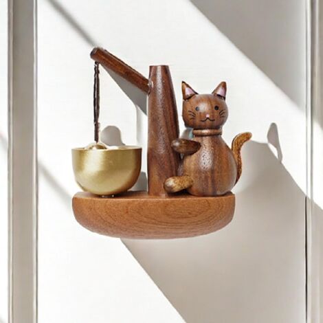 Cloche de commerçant en bois en noyer noir, en forme de chat mignon, pour l'ouverture de porte. Décoration à suspendre pour commerce ou maison. (1/4)