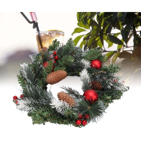 Couronne de Noël artificielle pré-illuminée verte décorée de pommes de pin, de grappes de baies et de branches givrées, lumière chaude, 40 cm (15,75 po) (1/5)