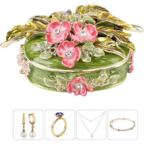 Boîte à bijoux ovale en émail vert, motif feuille et fleur, ornée de cristaux, pour boucles d'oreilles, bagues et colliers. (1/3)