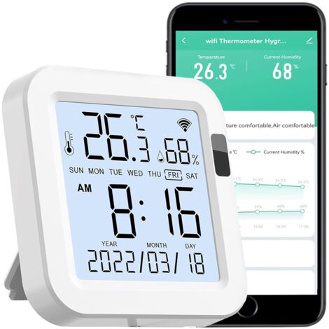 WiFi Temperature Humidity Monitor: Upgraded Smart Temperature and Humidity Sensor with Large Backlit LCD Screen & App Alerts, Indoor Thermometer Hygrometer Compatible with Alexa Google Assistant (1/4)