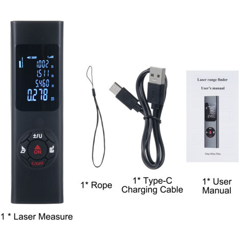 Mètre Laser Mini Précision Haute IP54 Imperméable Mesure Distance Surface Volume Pythagoras LCD Retroéclairé ABS Noir Portable Rechargeable Type-C (1/5)