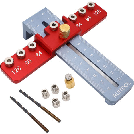 [Jig pour quincaillerie] Gabarit de perçage aluminium pour poignées de portes et de tiroirs avec guide et douilles, 64/96/128mm (1/5)