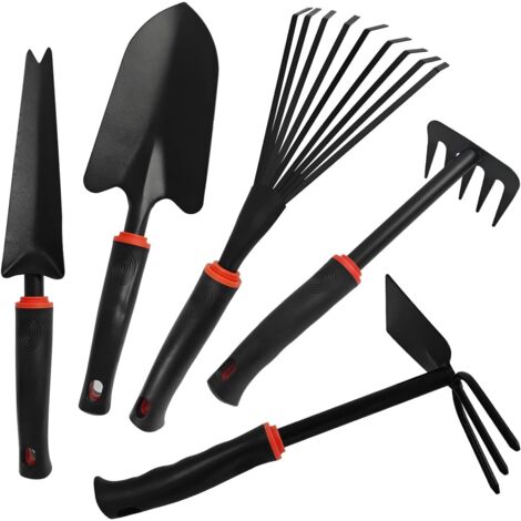 Ensemble de 5 outils de jardinage – Kit d'outils de désherbage manuels robustes, comprenant une pelle, une bêche et un râteau – Outils de jardinage manuels ergonomiques