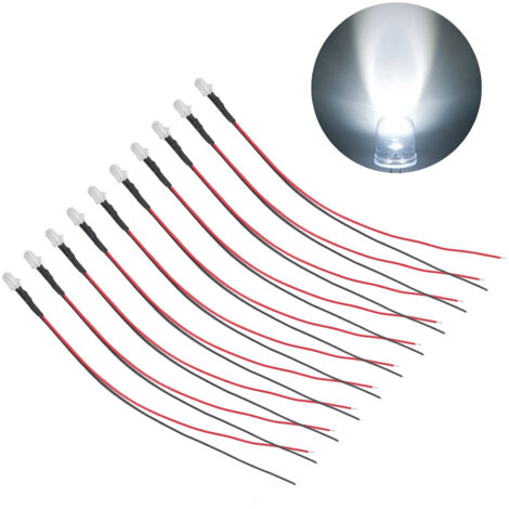 10 diodes LED pré-câblés 5mm pour décoration DIY, blanc, 5-12V, 20cm cable (1/4)
