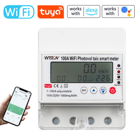 Compteur Photovoltaïque Bidirectionnel Intelligent WiFi Tuya Multifonction avec Disjoncteur, Timer et Contrôle Domotique – Installation Rail DIN (100A max, Blanc)