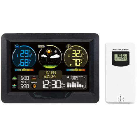 Station météo intelligente FJ3383M avec horloge et écran couleur pour mesure température et humidité intérieure/extérieure avec 1 sensor (support jusqu'à 3 sensors) (1/5)