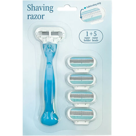 Rasoir 3 Lames pour Femmes en Acier Inoxydable Haute Qualité - Prise Ergonomique Douce Prévenant Irritations - Ensemble 1 Manche Bleu Vintage + 5 Cartouches Vertes (1/4)