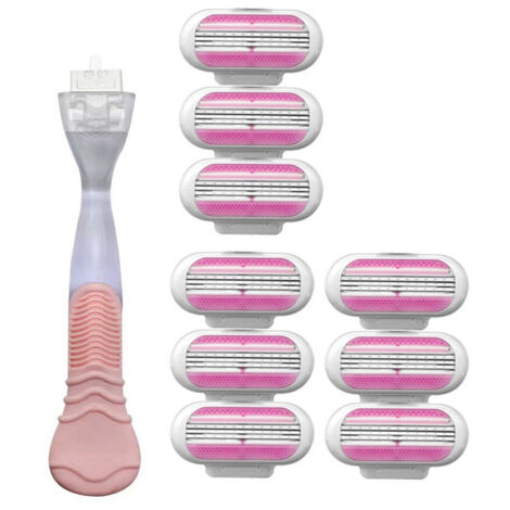 Rasoir pour femmes 3 lames - Rasoir de sécurité pour aisselles et zone intime (Rose) - 1 manche + 9 lames de rechange (1/4)