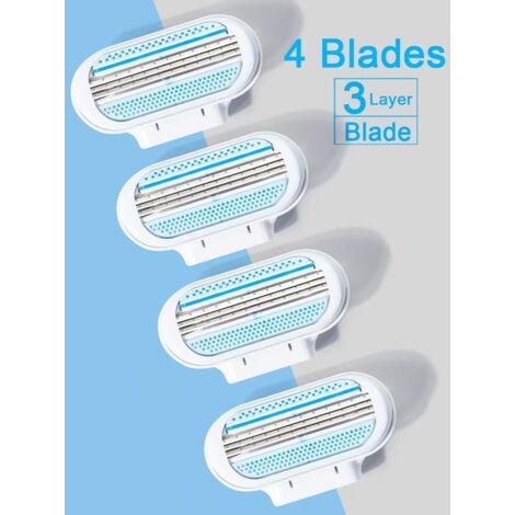 Rasoir de sécurité pour femmes avec lames en acier inoxydable à 3 couches – Idéal pour épilation quotidienne et voyages – Kit complet avec manche ergonomique bleu et 4 têtes de lame triple emballage s (1/4)