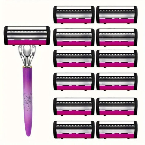 Rasoir manuel 6 lames pour femme - Coffret complet pour corps, jambes et zones sensibles (1 manche + 12 lames) (1/4)