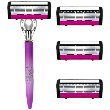 Rasoir manuel à 6 lames pour femme avec 1 manche ergonomique + 3 cartouches de rechange - pour l'épilation intégrale du corps (jambes, aisselles, bras) - Conception incurvée, étanche et lavable (1/4)