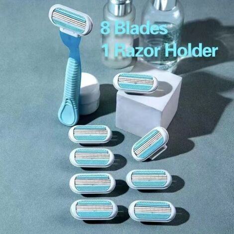 Epilateur pour femme avec lames acier inoxydable triple couche - Confortable pour jambes, aisselles, zone sensible - Manche ergonomique bleu + 4 têtes de rechange (Kit 1 manche + 8 lames) (1/3)