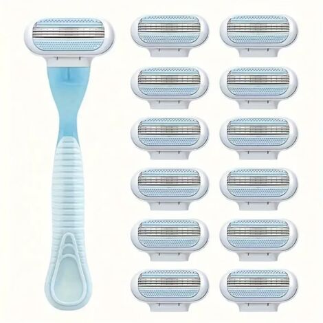 Rasoir Sécurité Femme 3 Lames Acier Inoxydable - Épilation Jambes Aisselles Bikini (1 Manche + 12 Lames Rechange Bleu) (1/4)