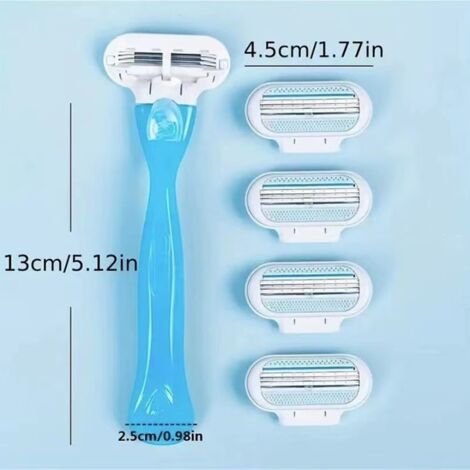 Rasoir de sécurité pour femmes – kit complet avec 4 lames rechargeables en acier inoxydable triple coupe – pour jambes, aisselles, zones sensibles – manche ergonomique bleu (1/3)