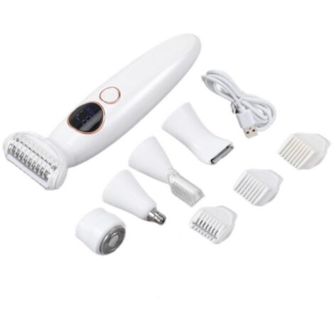 Rasoir électrique multifonction 5 têtes interchangeables — Tondeuse intime waterproof IPX7 pour femme — Pour visage, corps, sourcils, bikini et rasage sans crème (1/2)