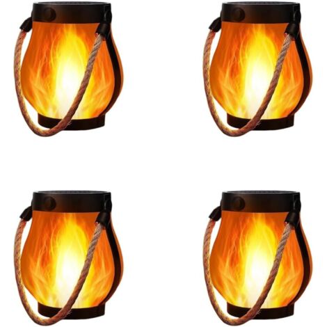 Quatre lanternes à flamme solaire, lumières d'extérieur dansantes, suspension par corde, étanches, chargement USB, idéales pour la décoration du jardin et de la terrasse.