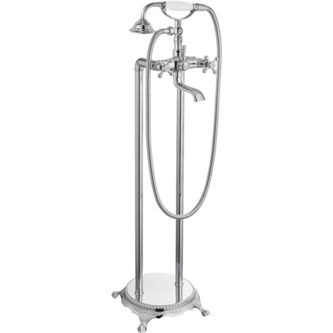 Robinet de baignoire sur pied chromé avec douche à double jet croisé, bouton en forme de téléphone, mitigeur de salle de bain de haute qualité (1/4)