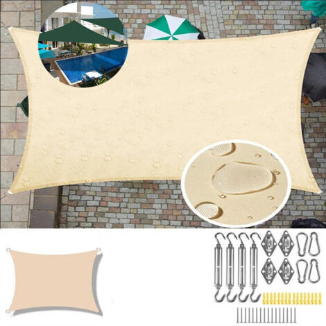 Voile d'ombrage imperméable rectangulaire Toile PES PU renforcée 2 x 3 m Protection UV 93% Intimité avec anneaux inox corde coupe-vent Beige