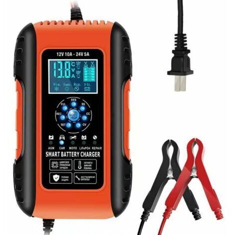 Chargeur de Batterie Intelligent 10A 12V/5A 24V, Chargeur Batterie Mainteneur et Automatique Réparation Fonction Portable avec Écran LCD, pour Voiture Moto Camion, AGM, Gel, Wet, SLA (1/4)