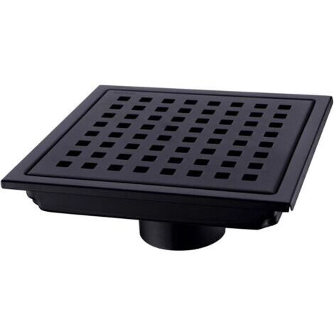 Siphon de douche carré 15x15 cm – Acier inoxydable plaqué noir – Grille amovible – Sortie inférieure 5,1 cm pour haut débit (1/4)