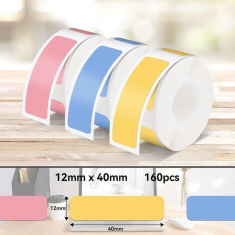 Étiquettes P15, 3 rouleaux d'étiquettes thermoadhésives 12 mm x 40 mm, compatibles avec l'imprimante d'étiquettes P15, rose+jaune+bleu, 160 étiquettes/rouleau (1/5)