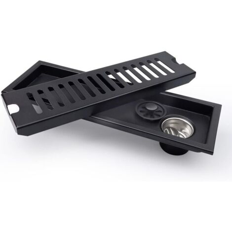 Noir - siphon de sol rectangulaire, siphon de sol de douche 30 x 10 cm, siphon de sol noir avec grille en acier inoxydable, convient pour WC, salle de bain, cuisine, balcon (1/4)
