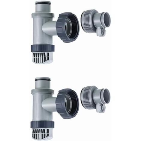 Un ensemble de deux vannes flexibles de type B pour réservoir de piscine, destinées à remplacer le filtre flexible par une vanne à piston, adaptées aux piscines Intex. (1/4)
