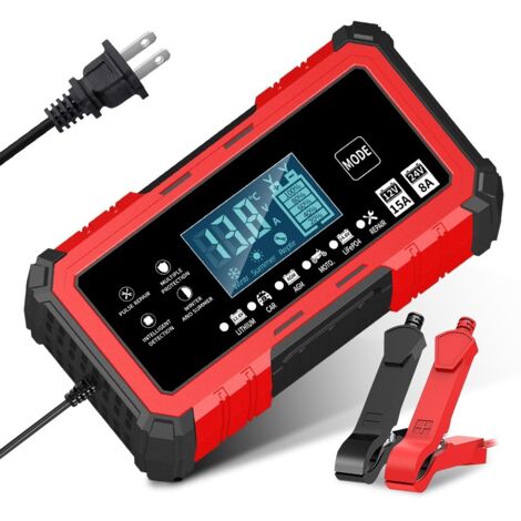 Chargeur de batterie 15 A 12 V pour voiture et moto  Chargeur intelligent avec écran LCD, mode réparation et multiples protections  Compatible avec les batteries AGM, gel et lithium-fer-phosphate (1/5)