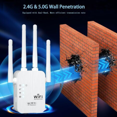 Répéteur WiFi 1200 Mbps — Un extenseur de signal haute performance (5 GHz / 2,4 GHz) équipé de 4 antennes et d'un port Ethernet Gigabit  compatible avec tous les routeurs, il étend efficacement la cou (1/5)