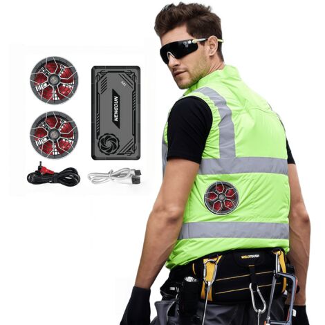 Gilet rafraîchissant fluorescent 12 V (Vert) — Kit complet Inclut alimentation et kit ventilateur Pour travaux en extérieur Taille 180/XXL Me contacter pour d'autres tailles (1/5)