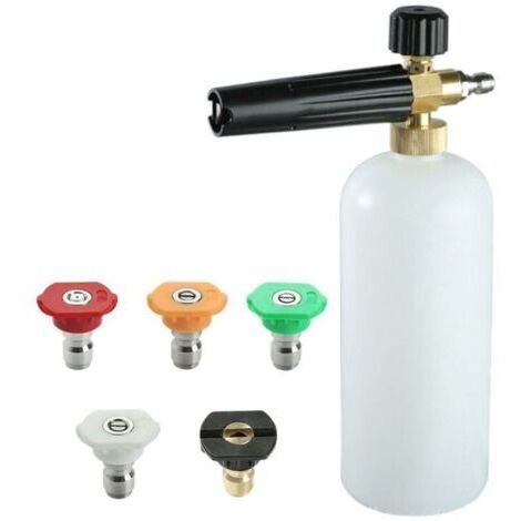 Canon à mousse pour nettoyeur haute pression avec connecteur rapide 1/4", réservoir 1 litre et 5 embouts de buse laiton. (1/4)
