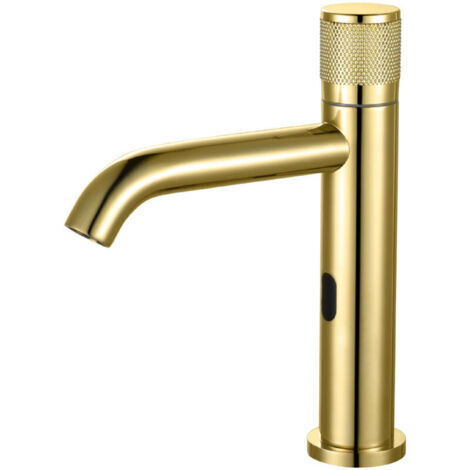 Robinet lavabo capteur infrarouge automatique doré 34 cm, sans contact, batterie, avec aérateur et filtre