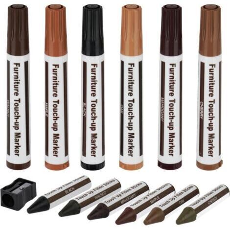 13Pcs Kit Réparation Bois Meubles avec Marqueurs Retouche & Bâtons Cire 6 Couleurs pour Sols, Taches, Rayures (1/4)